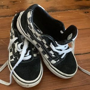 Size 10.5 kids black and white checkered vans with laces